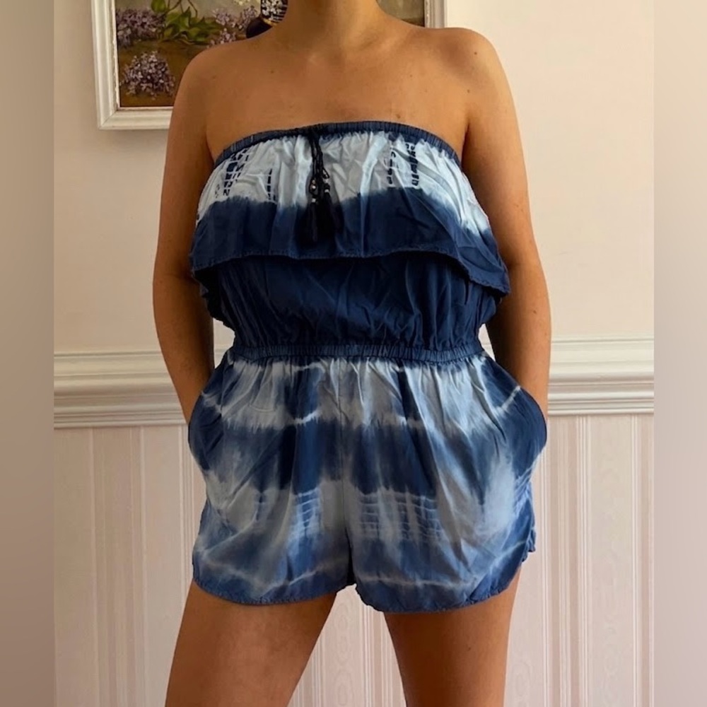 American Eagle Outfitters Blue tie dye Elastic-Waist sleeveless Romper